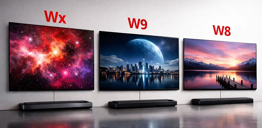 LG OLED TVs WX, W9, and W8 are compared